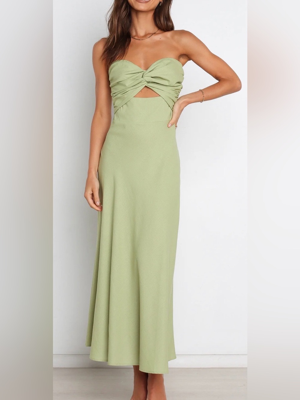 Petal & Pup Light Sage Strapless Twist-Front Maxi Dress